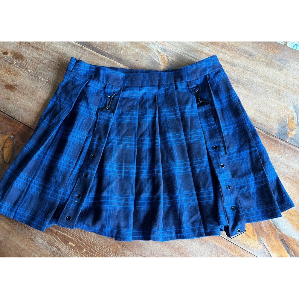 CHOUYATOU Blue Black plaid pleated mini skirt bondage straps Size Large